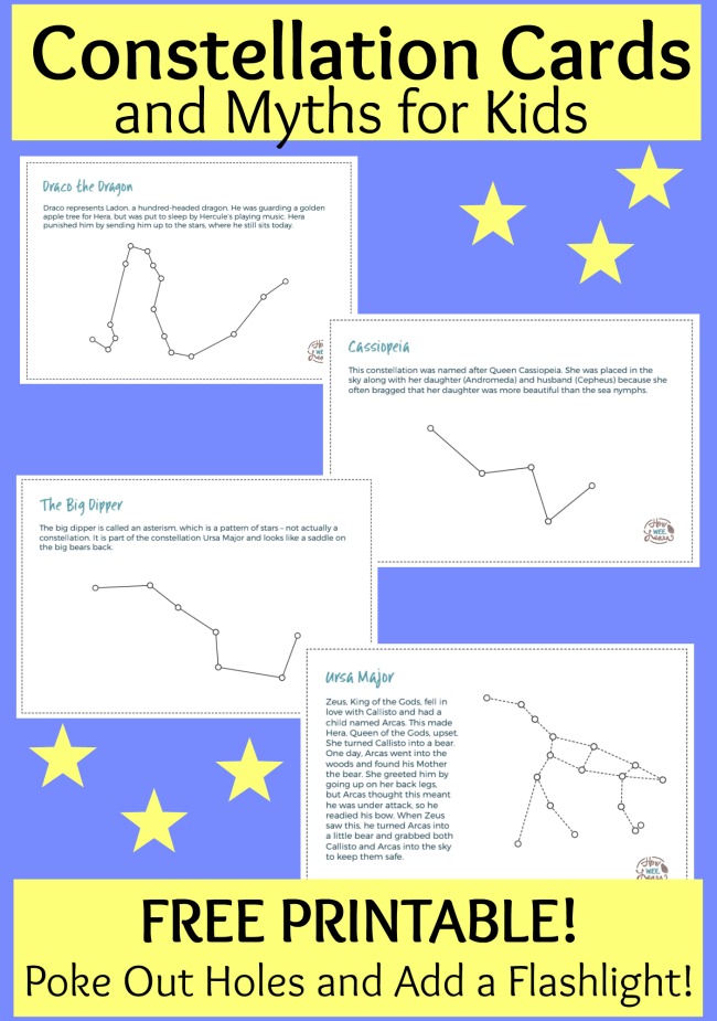 These constellation cards and myths for kids are awesome for a constellation unit! With FREE PRINTABLE CARDS! Poke out holes, shine a flashlight, and share the myths! Such a fun science activity about constellations and stars. #howweelearn #constellationactivities #scienceactivities #freeprintable