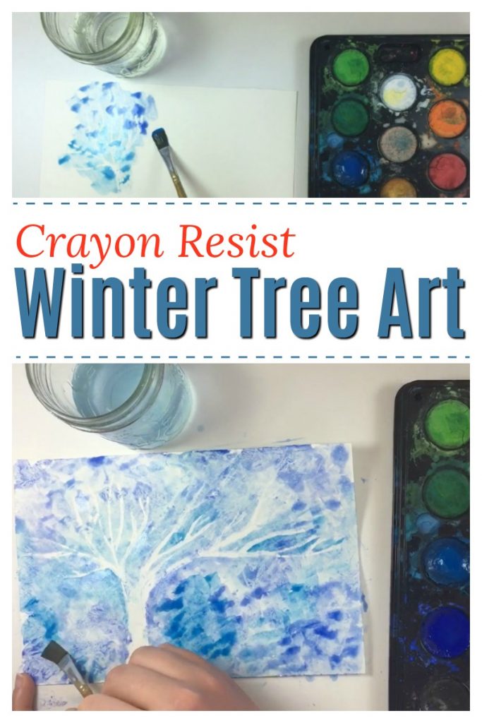 This winter art project for kids is so easy and BEAUTIFUL! Make a winter tree using white crayon and paint! A great winter craft for preschoolers and kids of ALL ages! #HowWeeLearndotcom #winterart #artprojectsforkids #crayonresist #paintingideas #watercolor #kidscrafts #artsandcrafts #artsandcraftsforkids