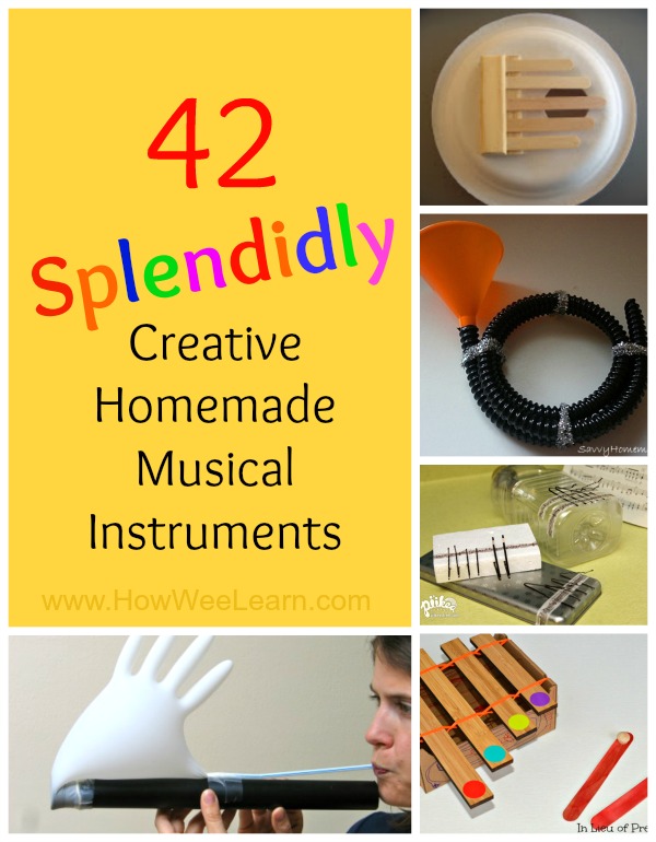 42 Spledidily creative homemade musical instruments for kids! #homemade #DIY #music #musicalinstruments #preschoolactivities