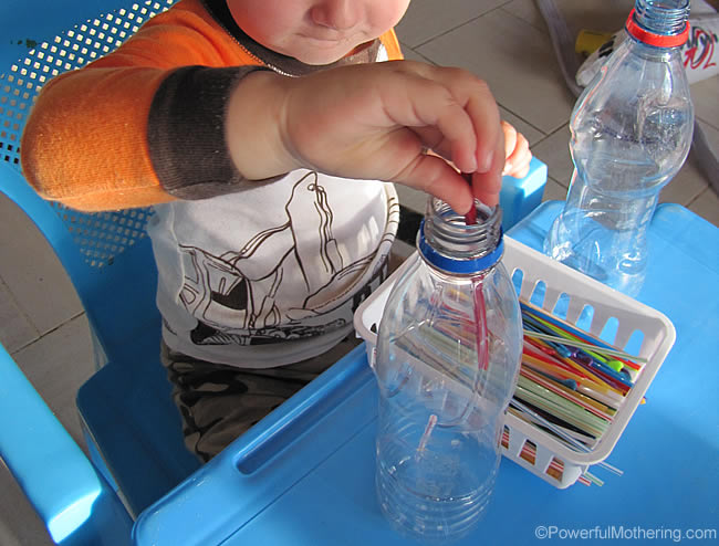 Quiet activities for two year olds - straws and bottles