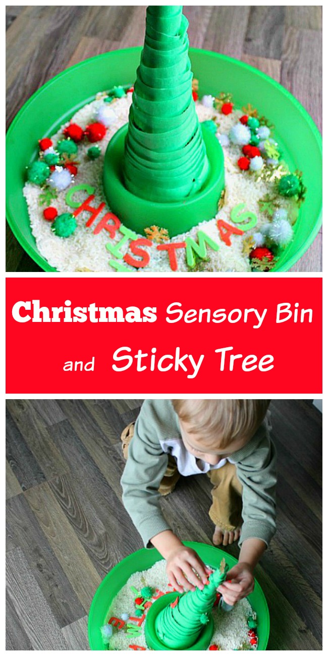 A Christmas sensory bin and sticky tree are so much fun for kids of all ages. My toddler & preschooler love playing with this and it keeps them busy for hours. So many great learning activities with it too!
