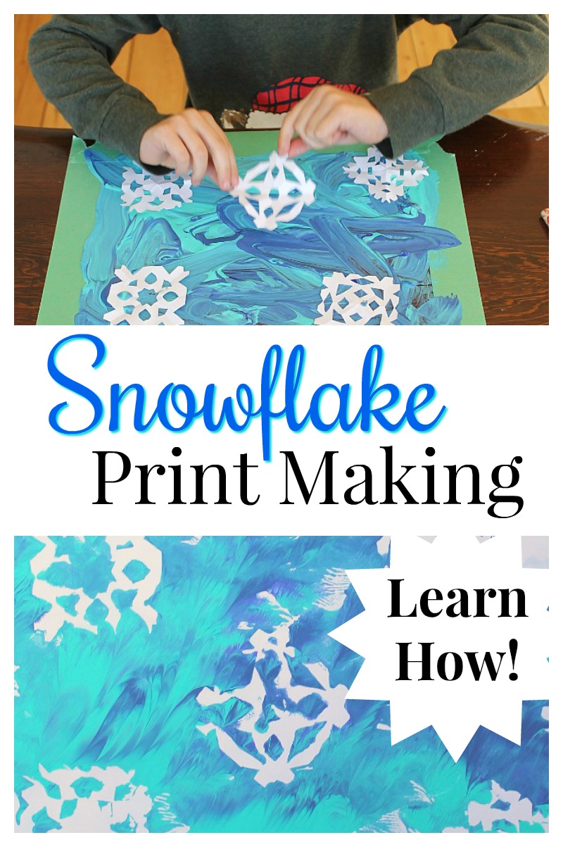 Snowflake print making! This is a great winter art project for kids using paper snowflakes. #winterart #artprojects #kidsactivities #kidscrafts #art #painting #snowflakes #winterfun