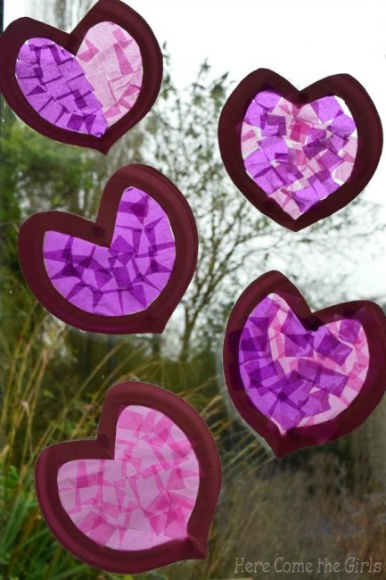 Paper plate valentine crafts - heart sun catchers