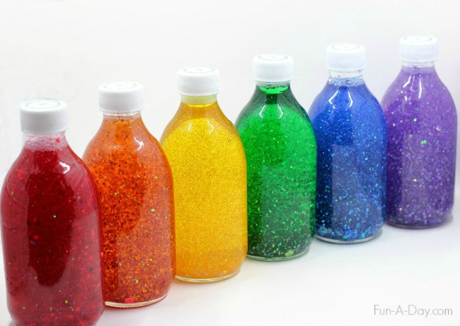Sensory Activities for Toddlers - Fill a bottle with water, glitter and food coloring to make a calming sensory activity