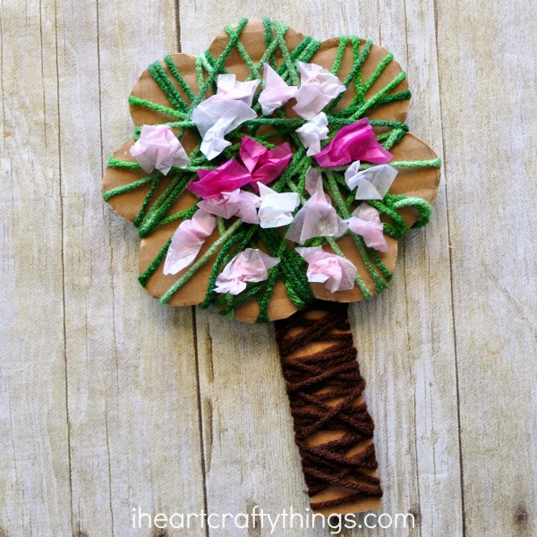 Spring activities for preschoolers - yarn wrapped spring tree