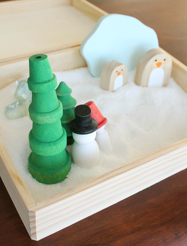 A gorgeous sensory bin idea for preschoolers! Such beautiful wooden toys for kids. Ad. 