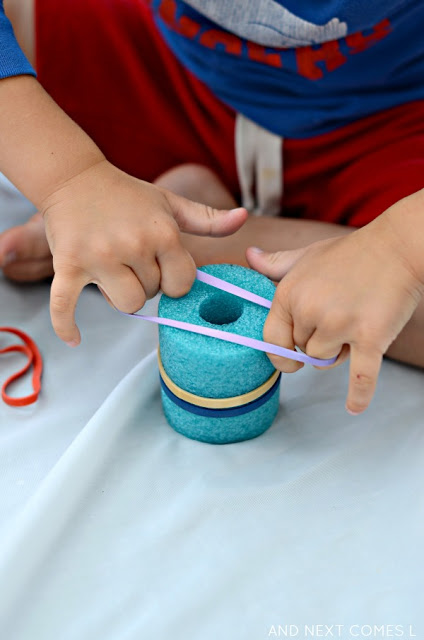 Amazing fine motor activities to build dexterity - Pool noodles and rubber bands