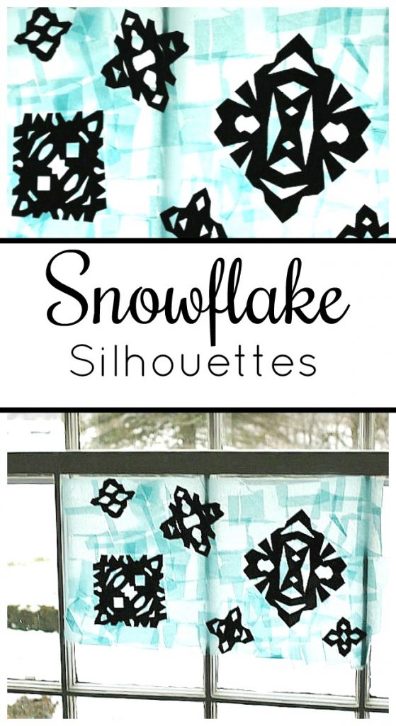 A gorgeous winter art project for kids. These snowflake silhouettes use tissue paper for a pretty suncatcher look.