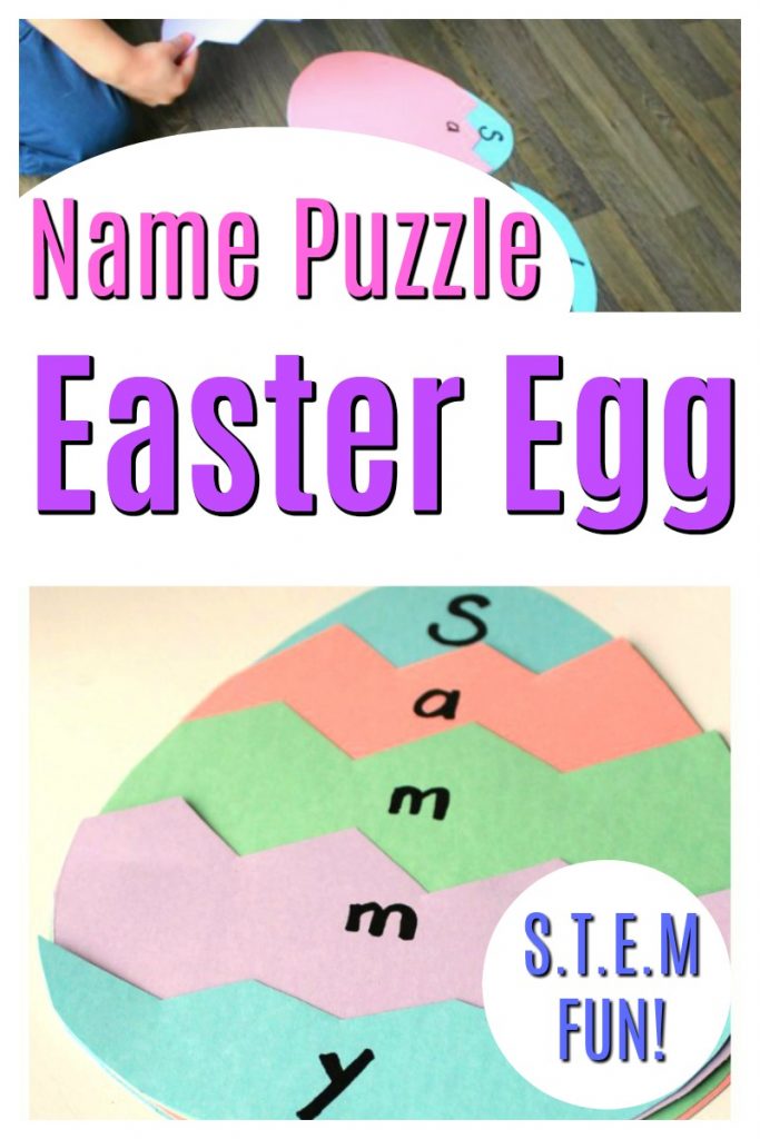 This is such a fun Easter Craft for preschoolers and it has a STEM twist! This name puzzle is full of learning and a great spring activity for little kids! #HowWeeLearn #STEM #Springcrafts #springactivities #preschoolactivities #steam #preschoolcrafts #eastercrafts #easteractivities #easteregg #name #alphabetactivities