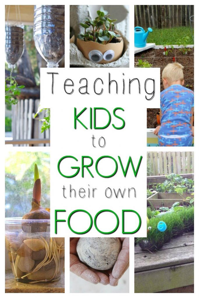 A collage of sample activities that encourage kids's interests in gardening and growing their own food.