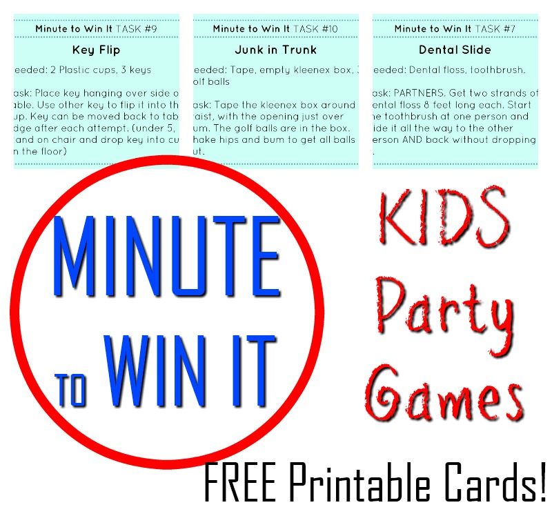 Minute to Win It Games for kids and families!! FREE printable cards! Awesome family fun with these simple 60 second challenges. #Minutetowinit #funforkids #newyearseve #newyearsevegames #familygames