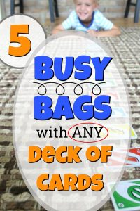 These are 5 busy bags that only use one deck of cards! Such simple, no-prep quiet time activities for preschoolers. #howweelearn #quiettime #busybags #kidsactivities #easy #preschoolactivities #deckofcards #playideas #quietboxes #quietbins