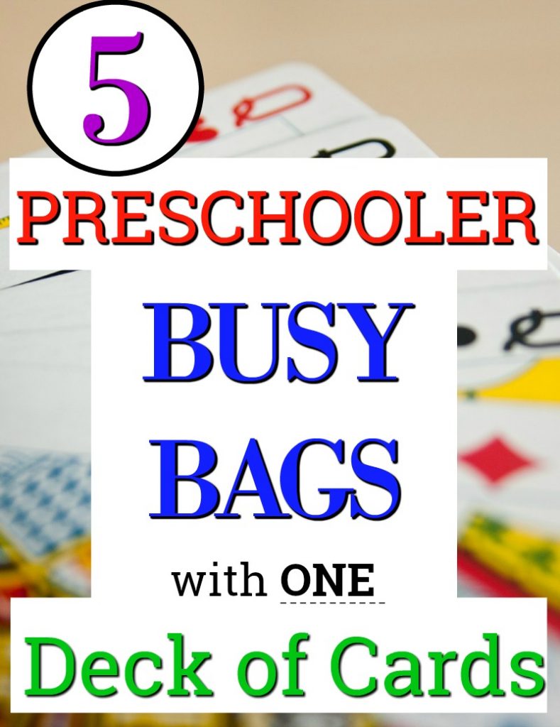 These are 5 busy bags that only use one deck of cards! Such simple, no-prep quiet time activities for preschoolers. #howweelearn #quiettime #busybags #kidsactivities #easy #preschoolactivities #preschoollearning #independentplay #deckofcards #playideas #quietboxes #quietbins