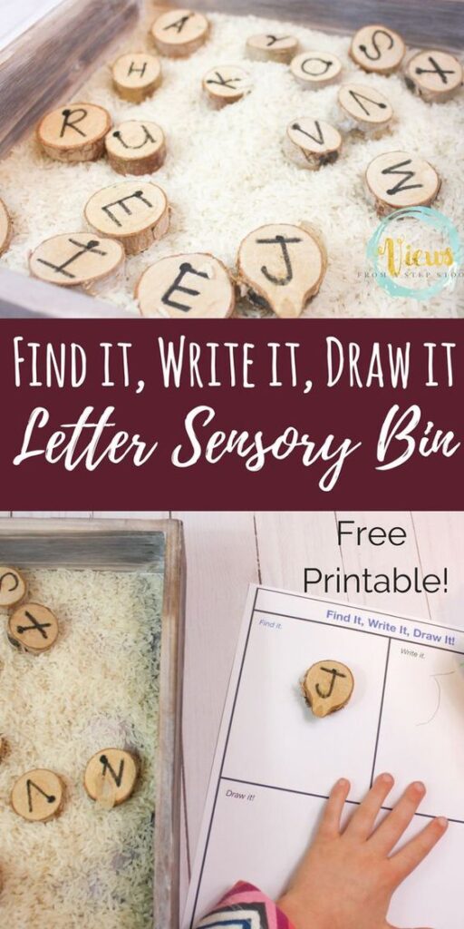 This letter sensory bin activity has three steps to keep your child engaged: find it, write it and draw it! Definitely a rich learning experience! Keep learning fresh and exciting with this awesome collection of letter activities for preschool! #howweelearn #abc #alphabet #alphabetactivities #letters #lettersounds #preschool