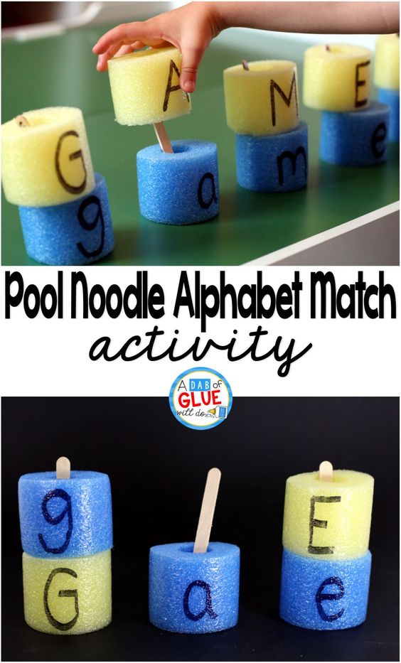 Take these letter pool noodles anywhere for a chance to practice letter recognition. Keep learning fresh and exciting with this awesome collection of letter activities for preschool! #howweelearn #abc #alphabet #alphabetactivities #letters #lettersounds #preschool