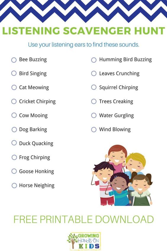 Finding things to listen for is a fantastic "search item" to add to any scavenger hunt! Not only are these activities thrilling, they keep kids active and encourage collaboration and problem solving.  Check out our massive list of ideas here! #howweelearn #kidsactivities #preschoolactivities