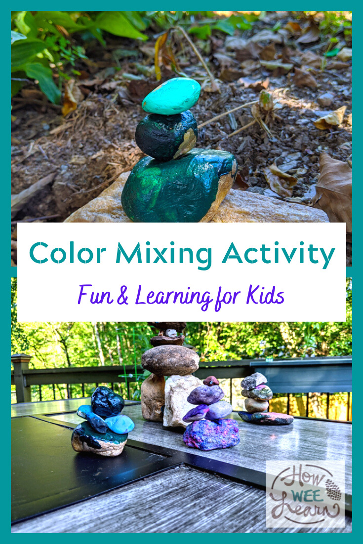 Such a fun color mixing activity for kids! They can learn all about tints, hues & shades as well as balancing & fine motor.