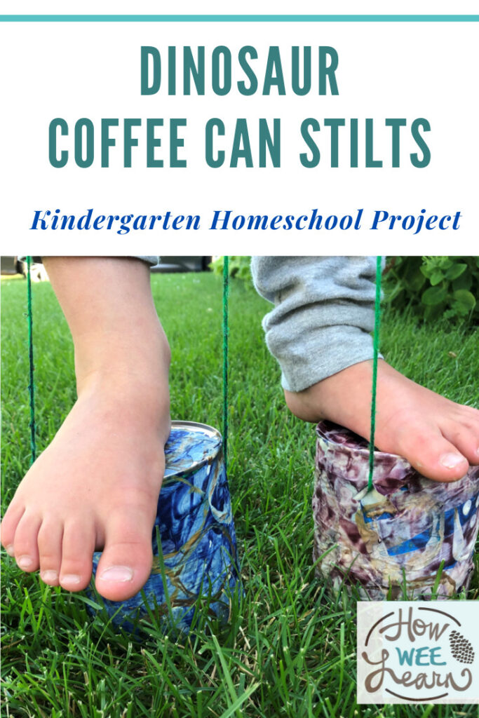 Dinosaur coffee can stilts were so much fun for the kids to make and use! It's the perfect kindergarten homeschool project