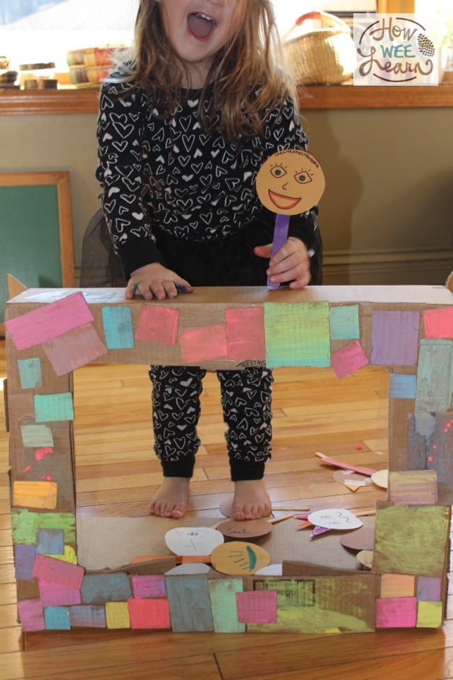 This cardboard puppet theater is the perfect mix of family fun time and independent activity. The kids loved creating it during quiet time