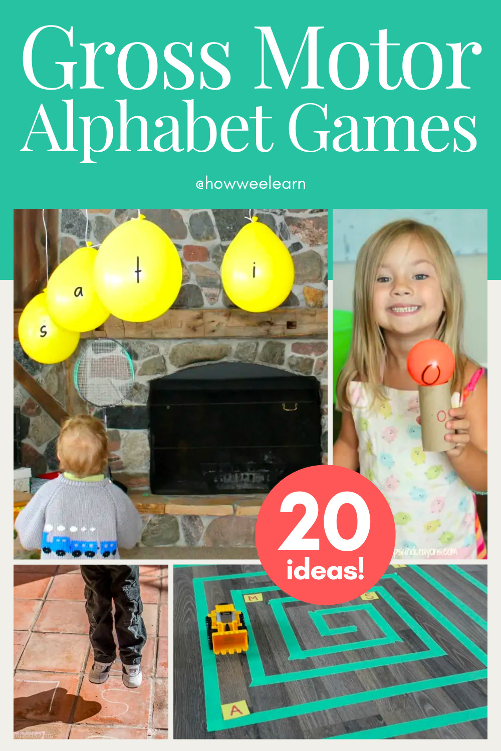 Gross Motor Alphabet Games: 20 Ideas! These alphabet games are perfect for active kids! Great activities for practicing letters and sounds with preschoolers.