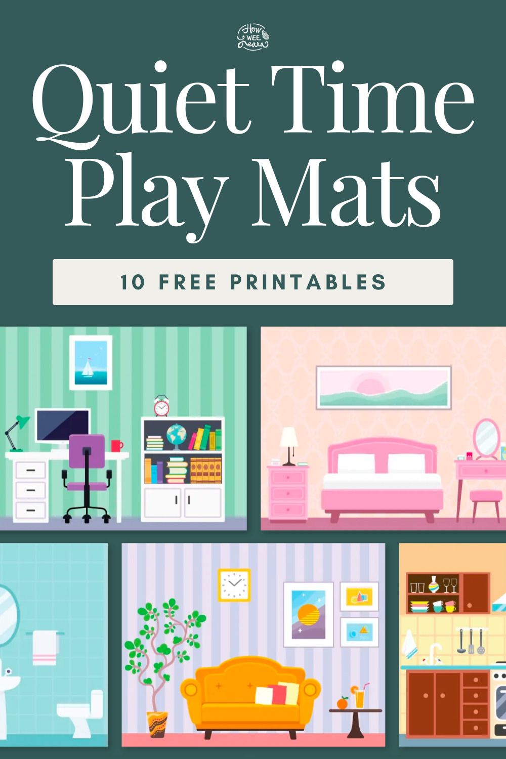 Quiet Time Play Mats 10 Free Printables with pictures of five dollhouse playmats