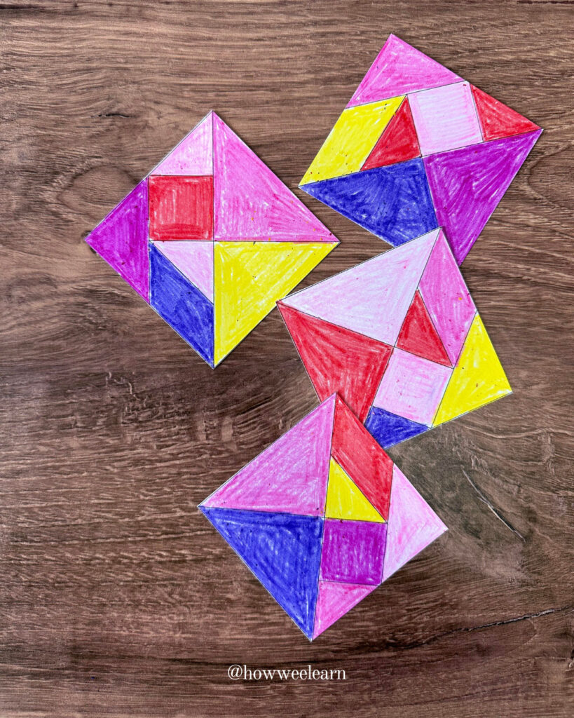 Printable Tangram Puzzles coloured with crayons