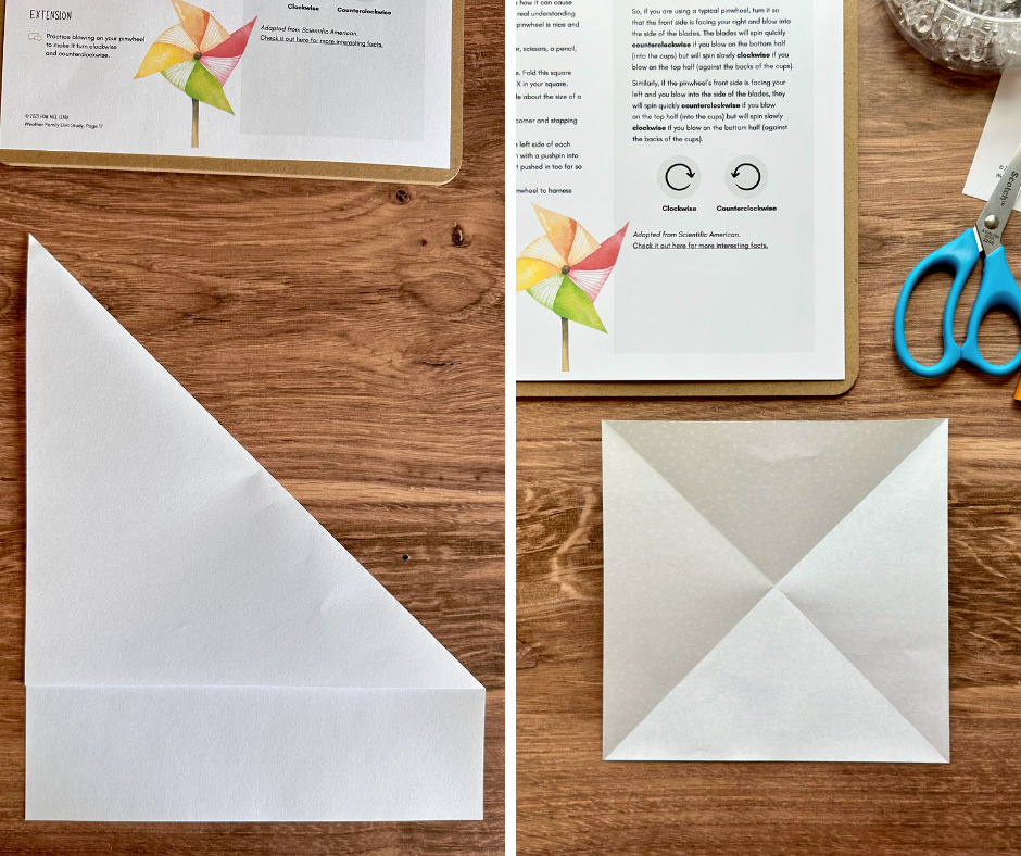 Folding a piece of paper to make a pinwheel