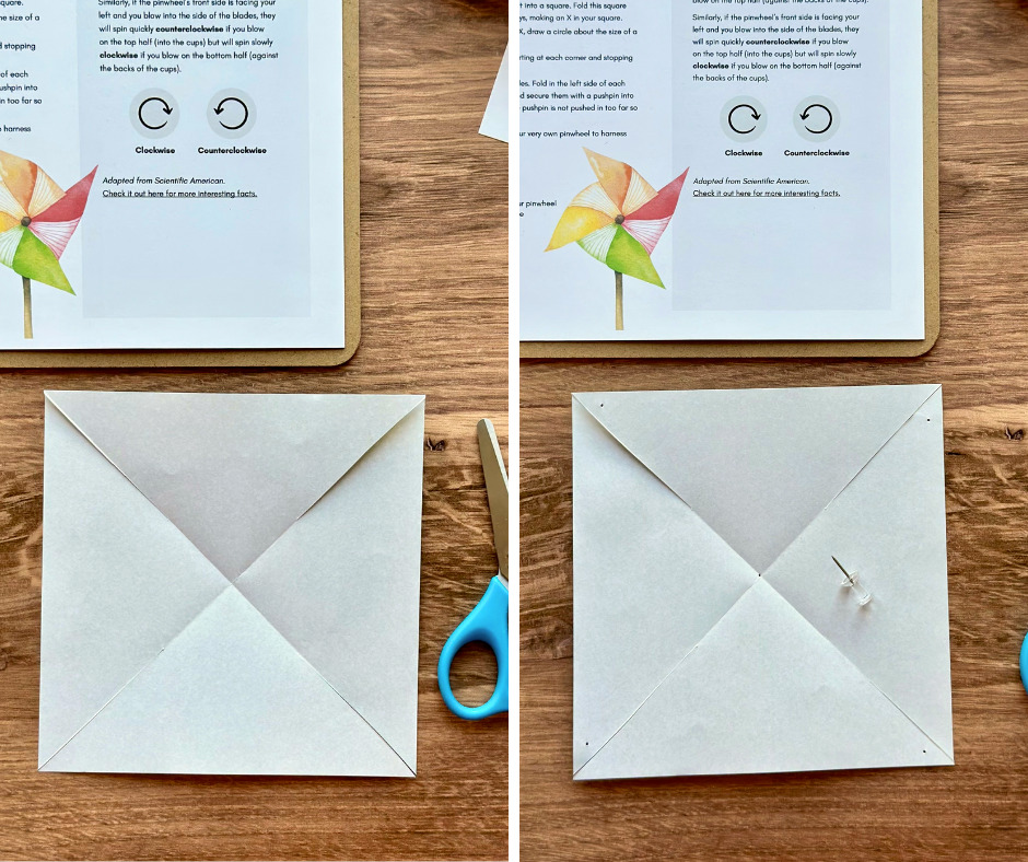 Cutting a piece of paper and poking holes to prep for making a pinwheel