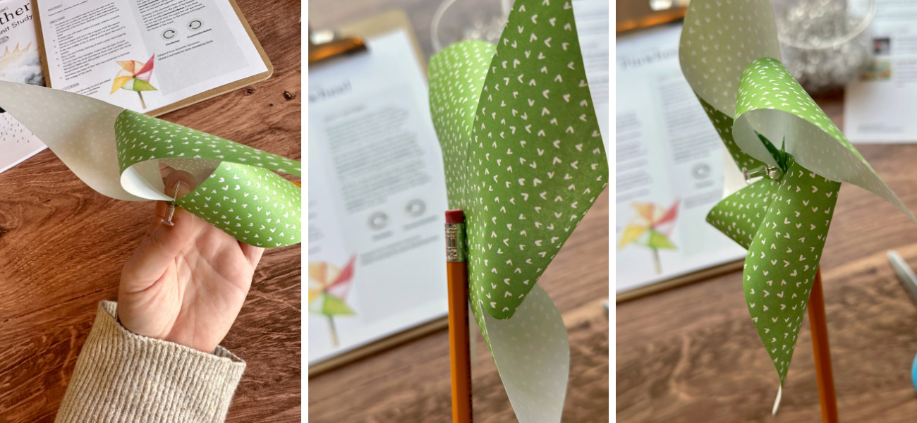 Showing how to fold the blades of a pinwheel and secure to a pencil