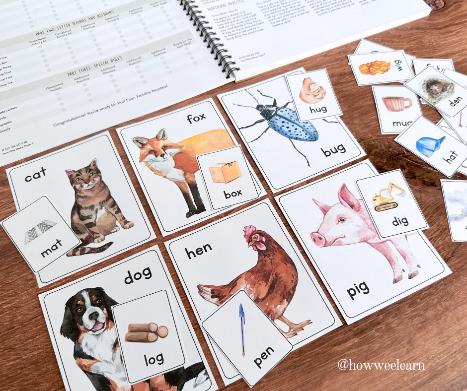 How Wee Read: Rhyming cards with cat/mat, fox/box, bug/hug, dog/log, and hen/pen for phonological awareness practice