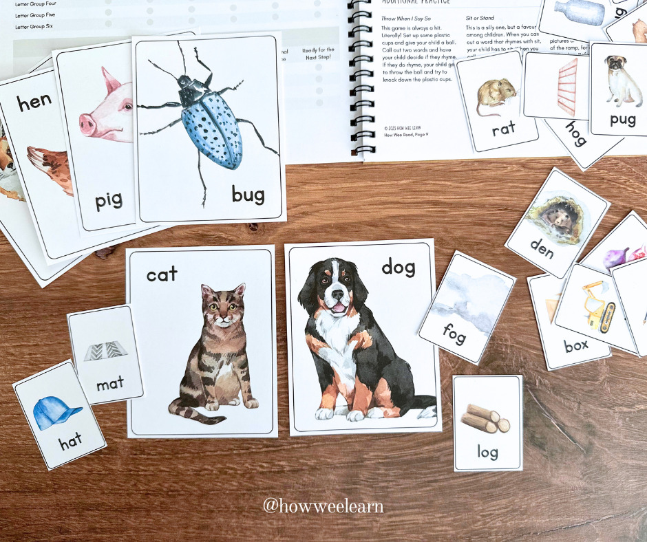 How Wee Read: Rhyming cards with a cat/mat/hat and dog/fog/log