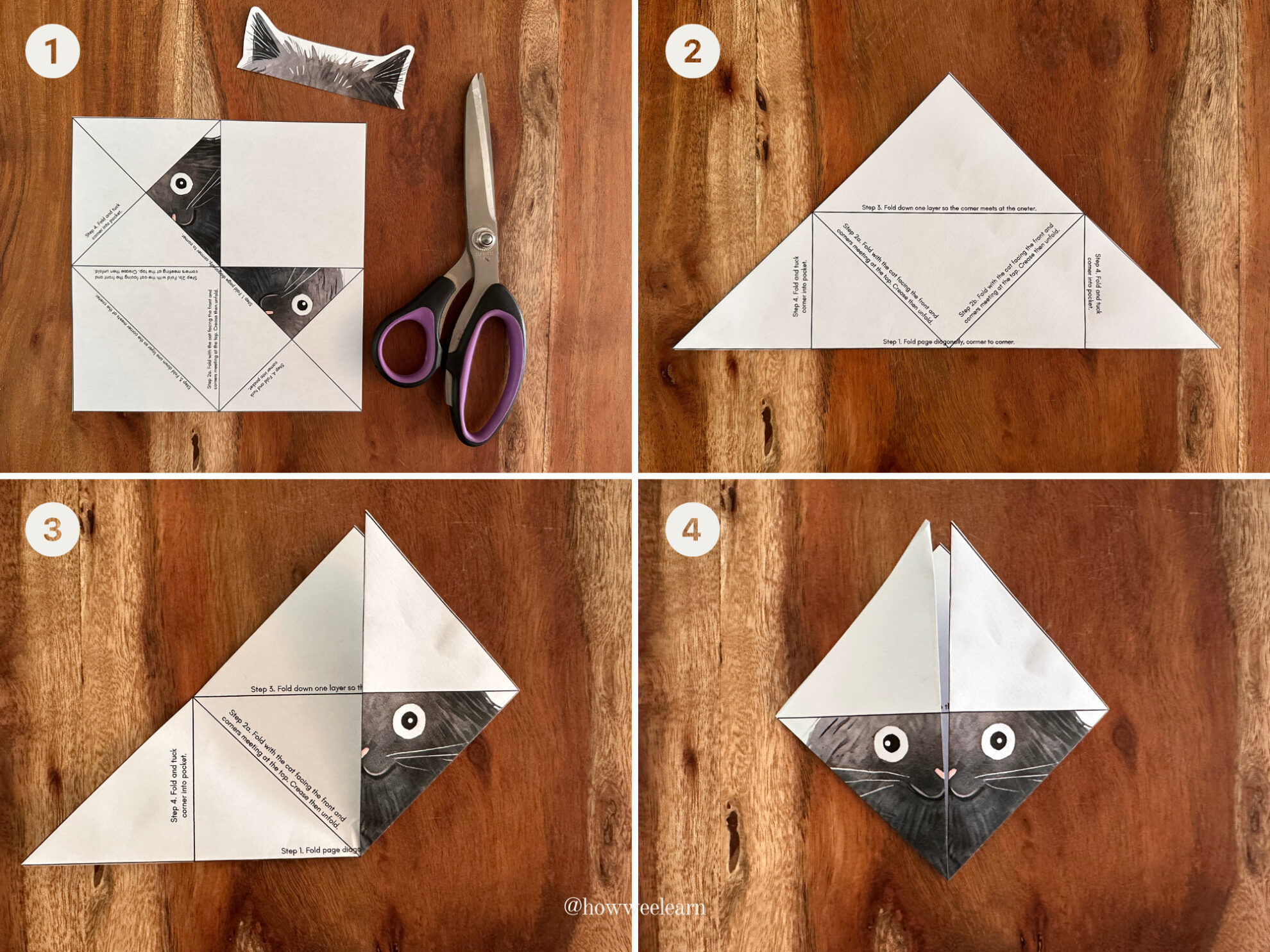 Black Cat Origami Bookmark, Steps 1 to 4