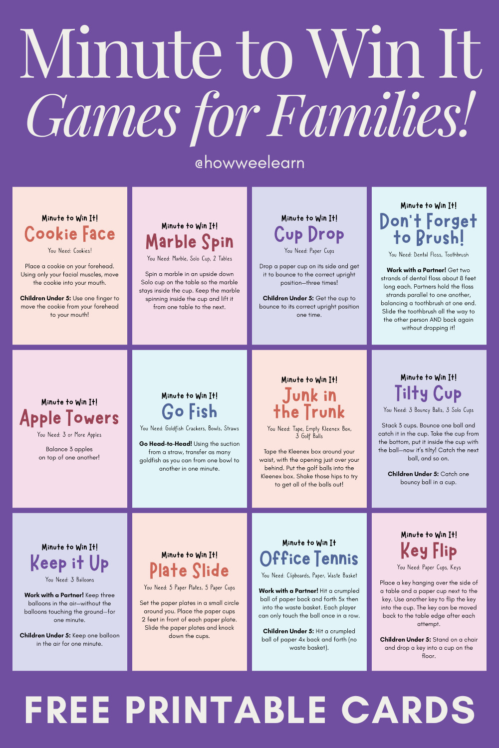 Minute to Win It Games with Free Printable Cards