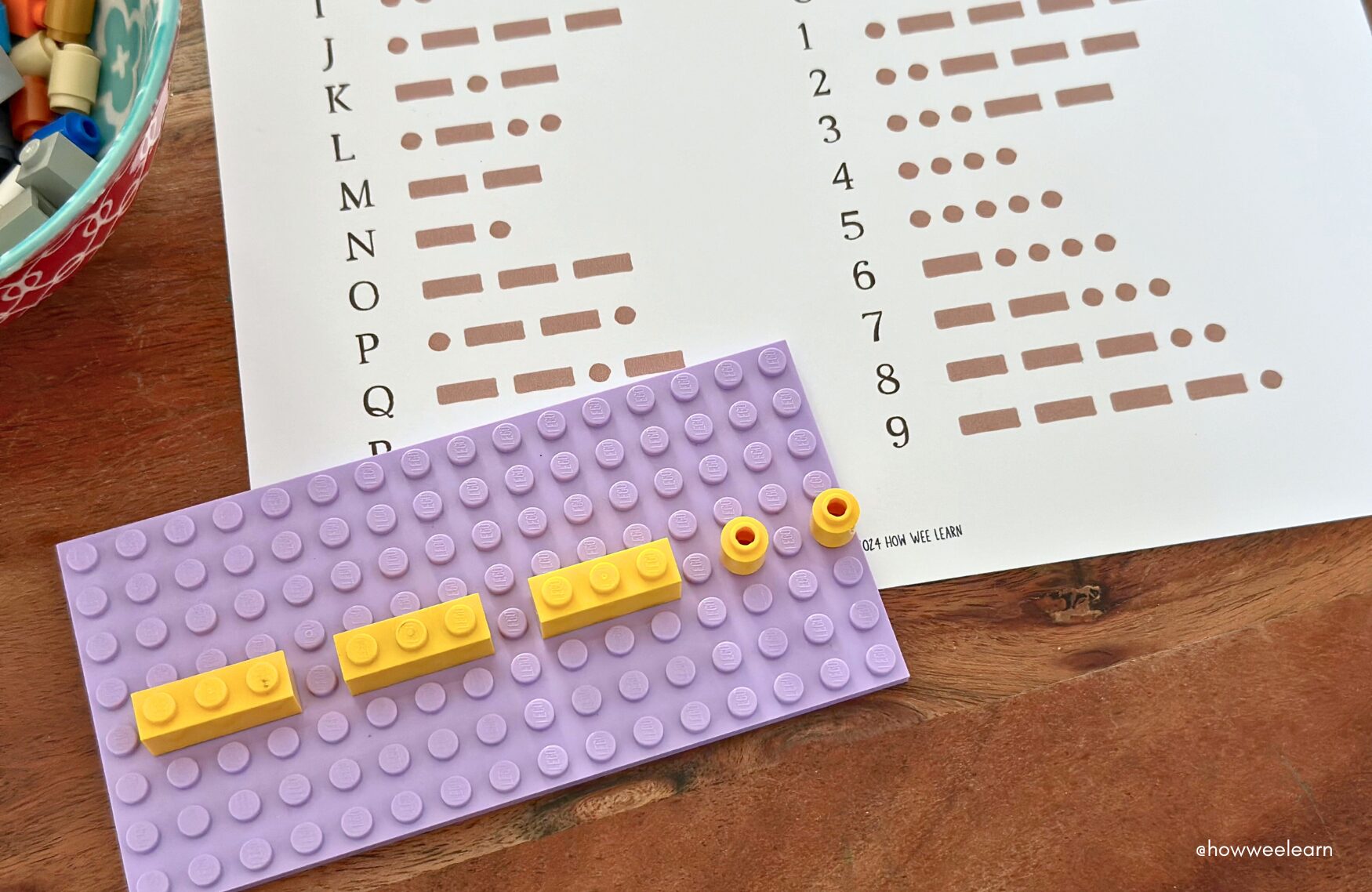 International morse code printable with lego bricks showing the number 8 in morse code