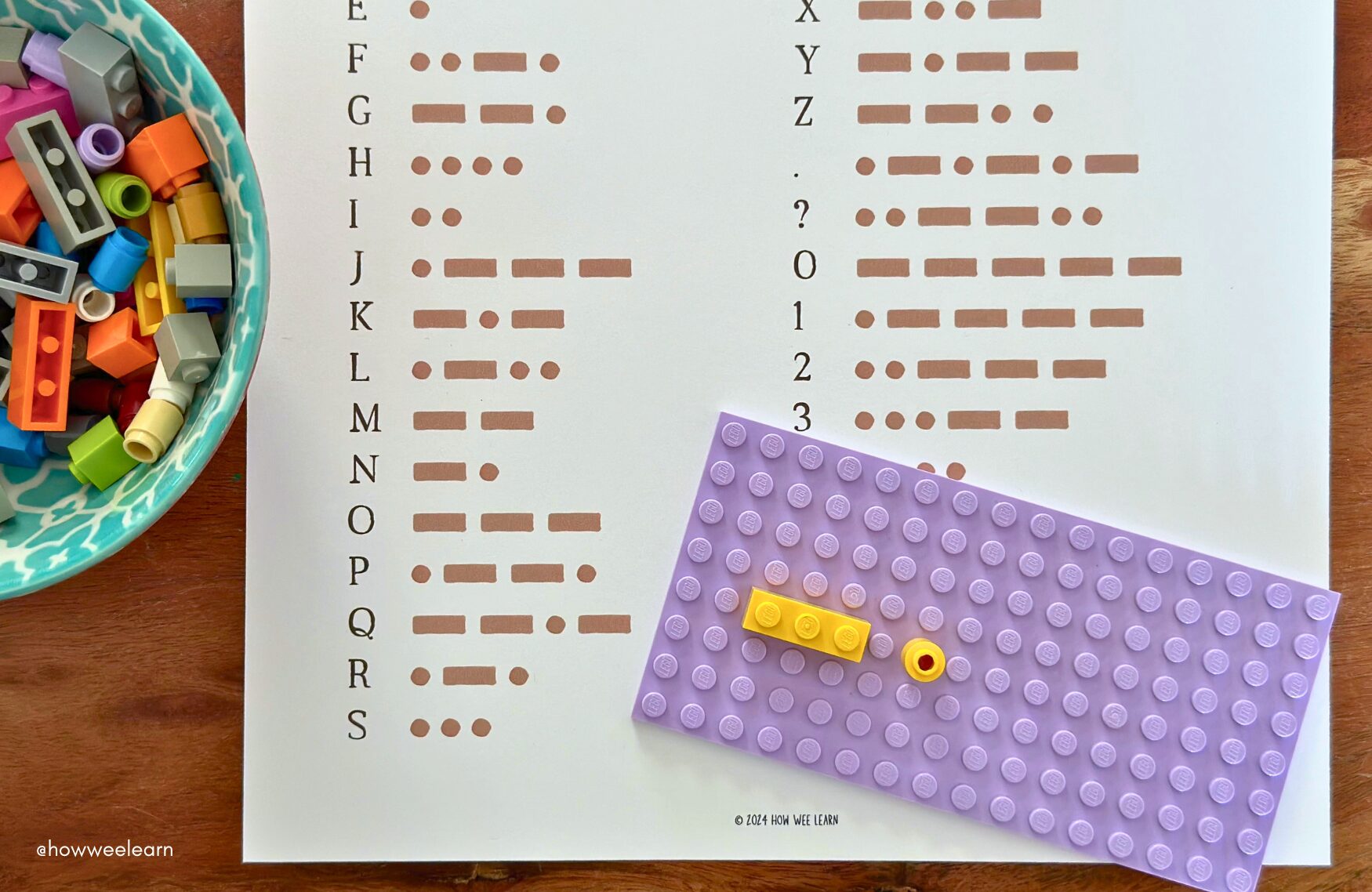 International morse code printable with lego bricks showing the letter N in morse code