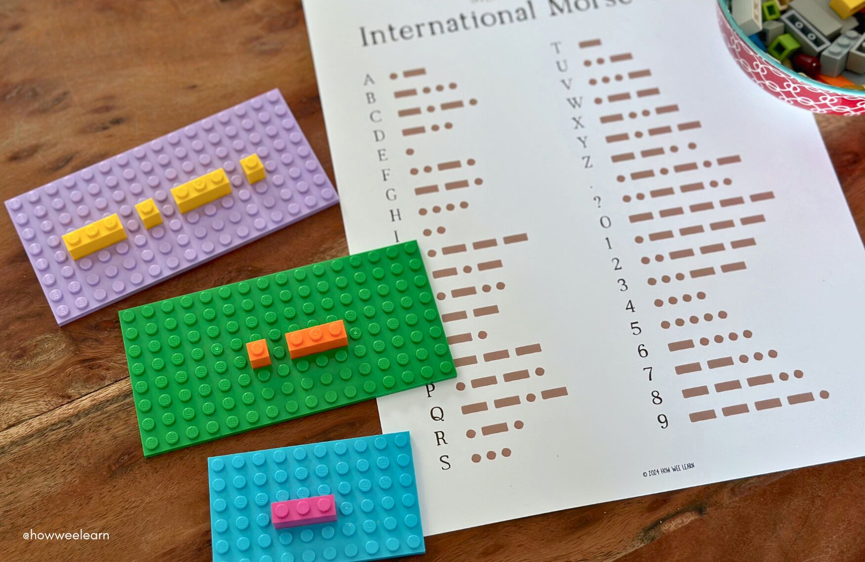 International morse code printable with lego bricks showing the letters C A T on base plates