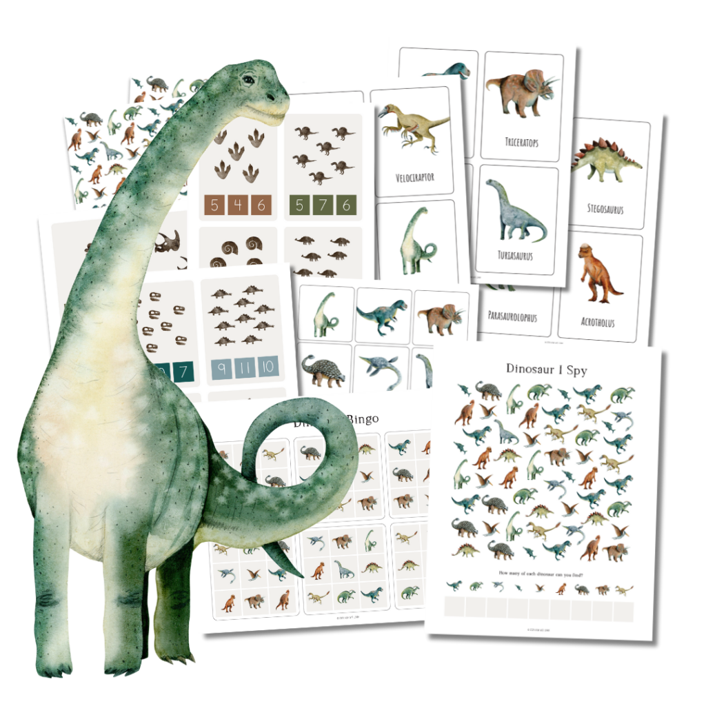 Dinosaur I Spy, Dinosaur Bingo, Dinosaur Vocabulary Cards, and Dinosaur Number Cards