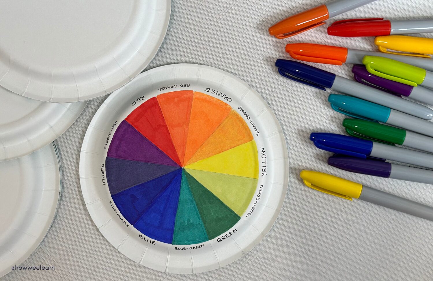 Color Wheel with Primary, Secondary, and Tertiary Colors drawn on a paper plate with permanent markers