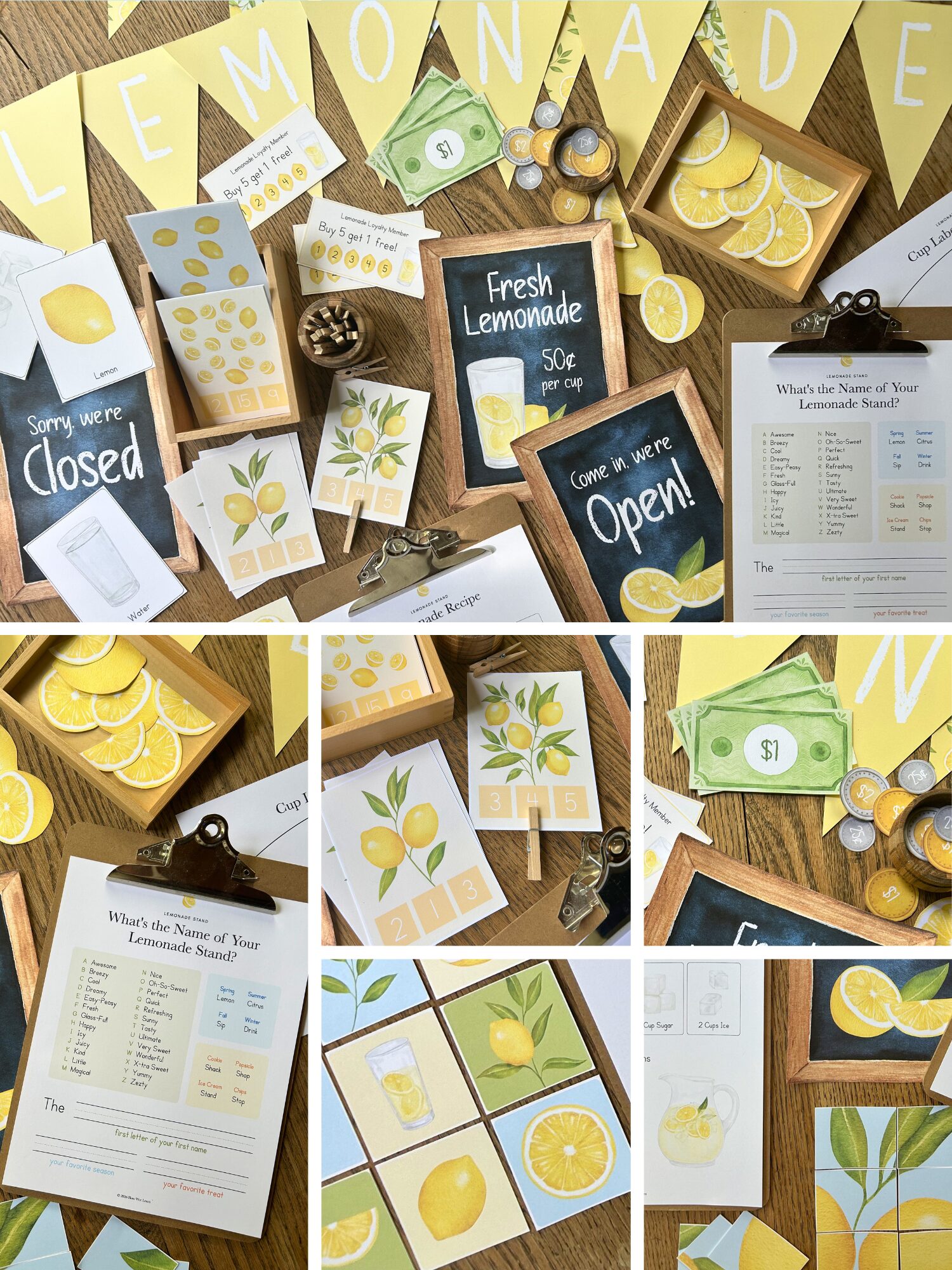 Printables for a pretend lemonade stand for children.
