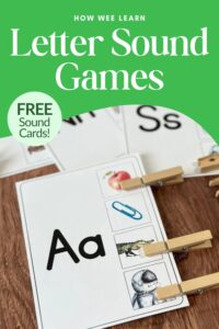 Letter Sound Games, picture of card with the letter A and images along the side with clothespins clipped to the images that start with the sound "ah"