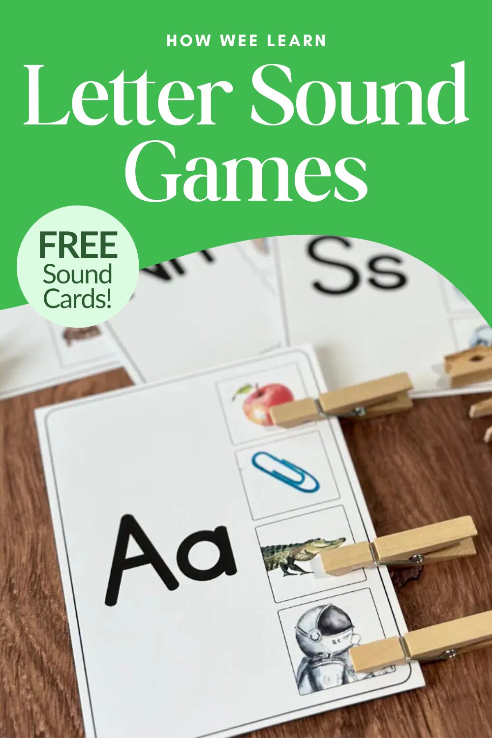 Letter Sound Games, picture of card with the letter A and images along the side with clothespins clipped to the images that start with the sound "ah"