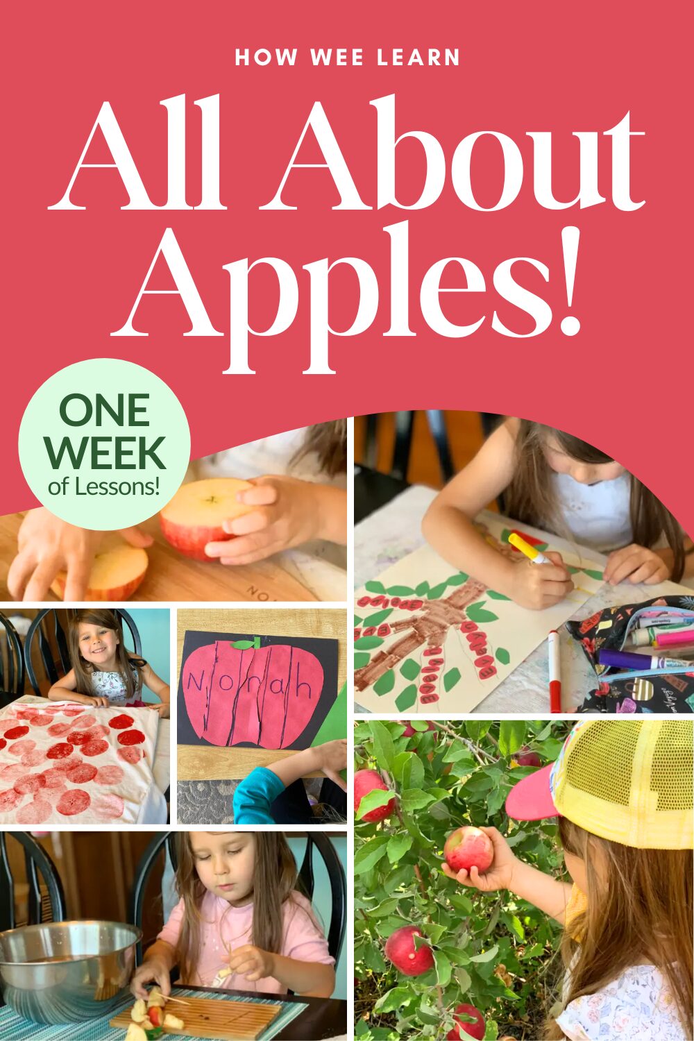 All About Apples: Photos of various apple-themed activities for Kindergarten with the text "One Week of Lessons!"