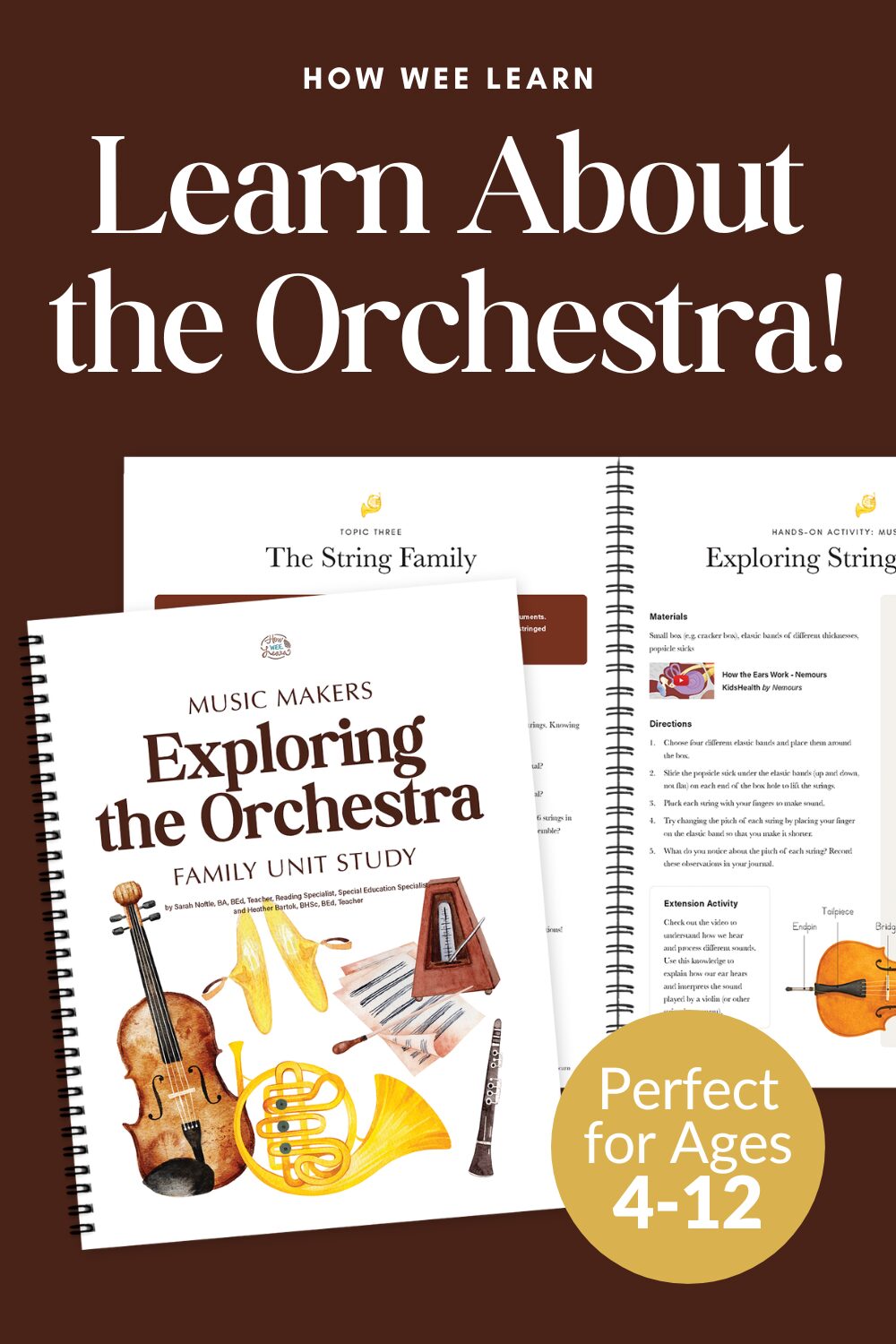 Learn About the Orchestra, picture of a unit study cover page with a variety of orchestral instruments