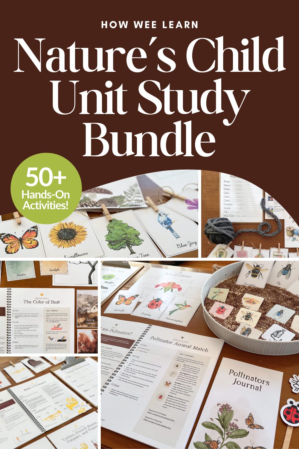 Photos of the Nature's Child Bundle coursebooks and printables that features nature-themed watercolor art.