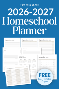 The text "2026-2027 Homeschool Planner" and "FREE 150+ Printable Pages" with pictures of sample pages from September 2026