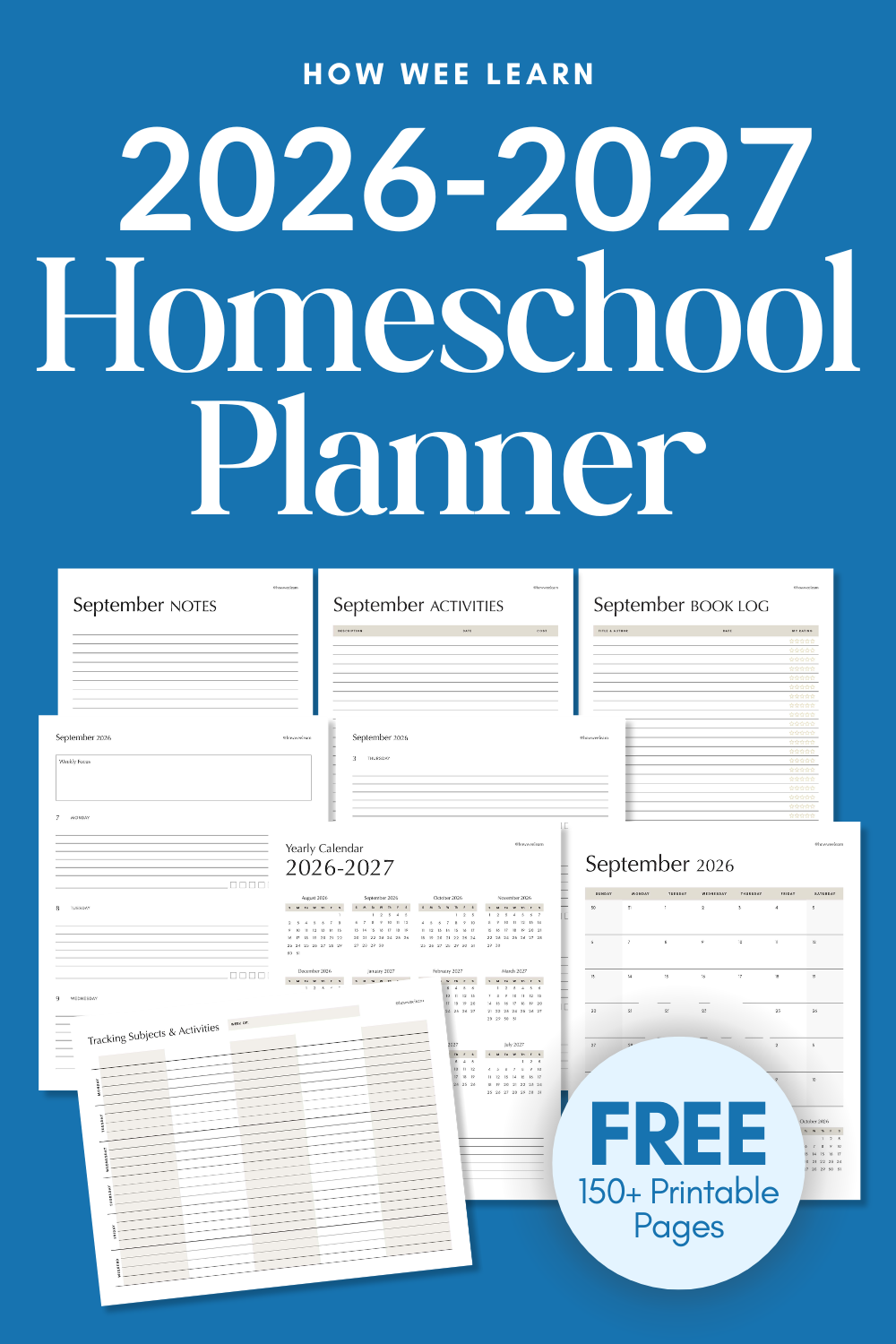 The text "2026-2027 Homeschool Planner" with pictures of sample pages from September 2026