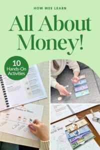 Educational materials about money, featuring worksheets, play money, and coin activities, with hands arranging bills and matching items on paper.