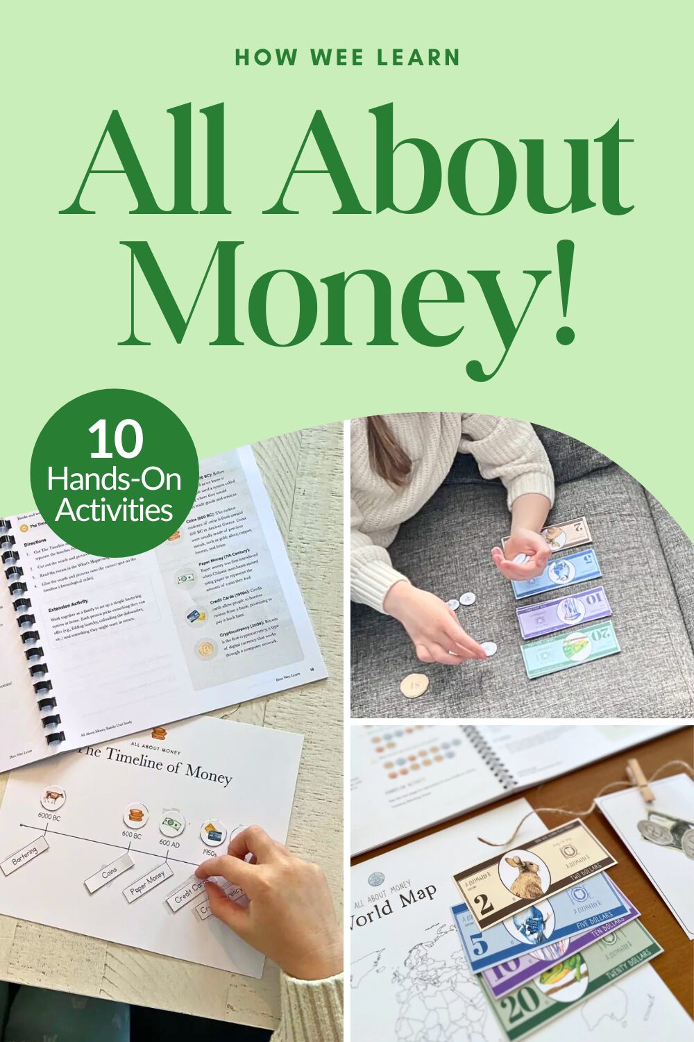 Educational materials about money, featuring worksheets, play money, and coin activities, with hands arranging bills and matching items on paper.