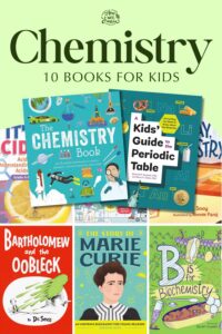 A collage of chemistry-themed children’s books, including illustrated covers for “The Chemistry Book,” “Marie Curie,” and “B Is for Biochemistry,” and more.
