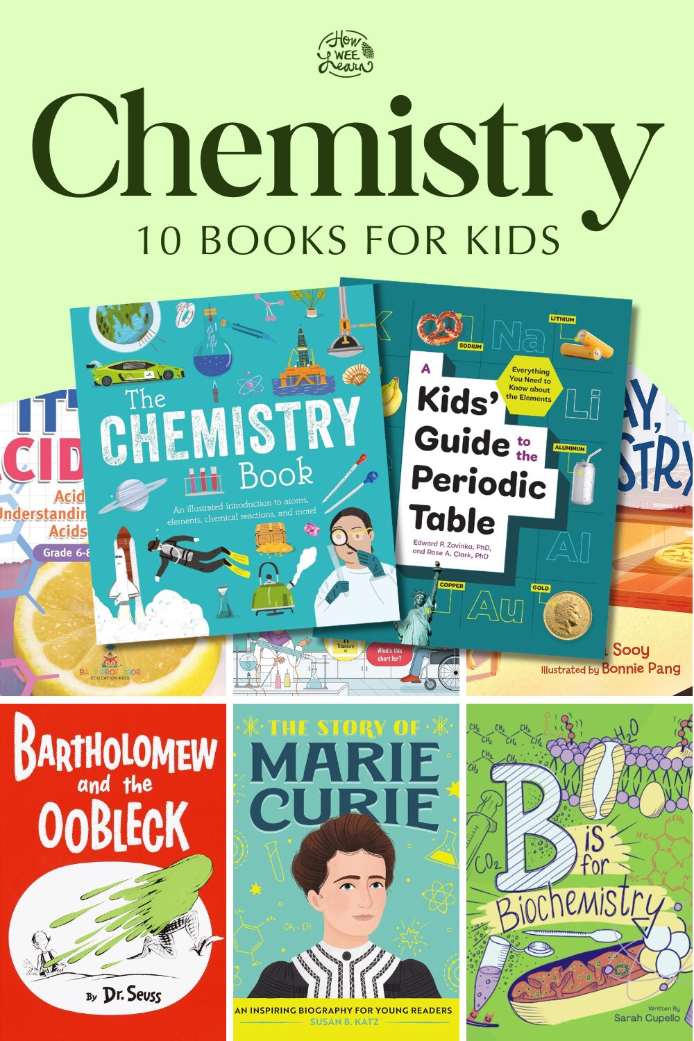 A collage of chemistry-themed children’s books, including illustrated covers for “The Chemistry Book,” “Marie Curie,” and “B Is for Biochemistry,” and more.
